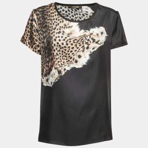 Pre Owned Roberto Cavalli Black Leopard Print Silk Short Sleeve Blouse M