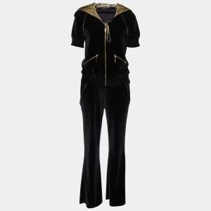 Roberto Cavalli Black Velvet Hooded Jumpsuit M