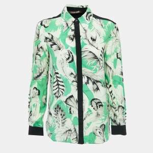 Pre Owned Roberto Cavalli Green Print Silk Button Front Long Sleeve Shirt Blouse S