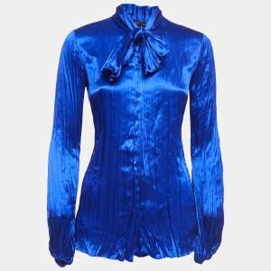 Pre Owned Roberto Cavalli Blue Satin Silk Pleated Tie-Neck Shirt S