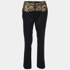 Pre Owned Roberto Cavalli Black Cotton & Printed Velvet Detail Pants L