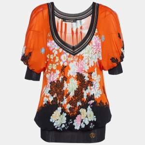 Pre Owned Roberto Cavalli Orange Printed Jersey & Knit Detail Mini Dress M