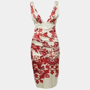 Pre Owned Roberto Cavalli Cream Printed Satin Tiered Plunge Neck Sleeveless Dress S