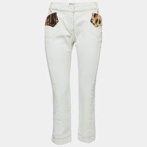 Roberto Cavalli White Denim Silk Animal Print Silk Trimmed Cropped Jeans L Waist 32"