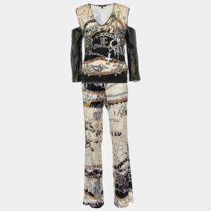 Roberto Cavalli Beige Printed Knit Leather trim Top & Silk Satin Pants XL/M