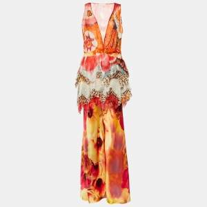 Roberto Cavalli Multicolor Printed Silk Ruffled Top & Satin Palazzo Pants L/M