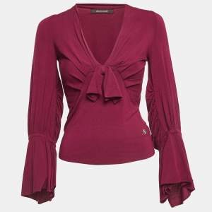 Pre Owned Roberto Cavalli Magenta Pink Knit Bow Detailed Long Sleeve Top S