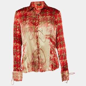 Pre Owned Roberto Cavalli Red Print Silk Camisole & Tie Front Shirt S