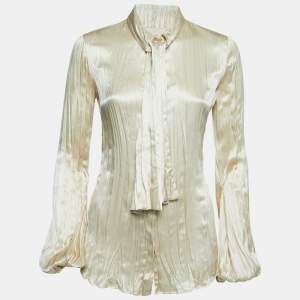 Pre Owned Roberto Cavalli Beige Pleated Satin Silk Neck Tie Buttoned Blouse S