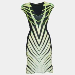 Pre Owned Roberto Cavalli Black/Green Abstract Print Knit Sleeveless Flared Mini Dress XS