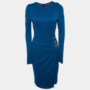 Pre Owned Roberto Cavalli Teal Blue Jersey Snake Trim Detail Midi Dress M
