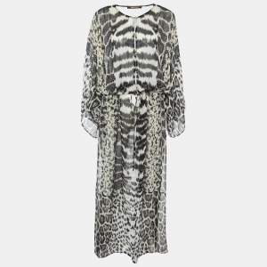 Pre Owned Roberto Cavalli Black Animal Print Silk Maxi Kaftan M