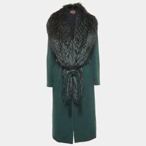 Roberto Cavalli Green Wool/Fox Fur Belted Long Coat S