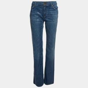 Pre Owned Roberto Cavalli Blue Textured Denim Wide Leg Jeans L Waist 31"