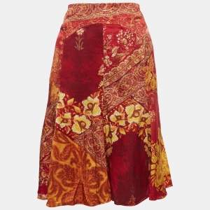 Pre Owned Roberto Cavalli Red Print Silk Paneled Knee Length Skirt M