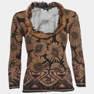 Pre Owned Roberto Cavalli Brown Floral Print Knit Mink Fur Trimmed Top M
