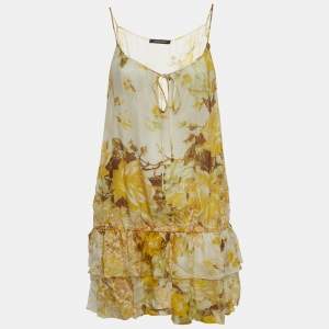 Pre Owned Roberto Cavalli Yellow Floral Print Silk Tie-Up Detail Top M