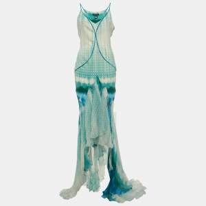 Pre Owned Roberto Cavalli Blue Printed Silk Asymmetric Aqua Dress L