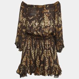 Pre Owned Roberto Cavalli Brown Animal Print Silk Ruffled Mini Dress L