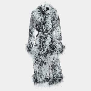 Pre Owned Roberto Cavalli Black/White Ostrich Feather Trimmed Silk Midi Wrap Dress M