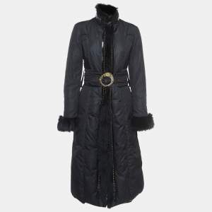 Roberto Cavalli Black Leather Trim Fur and Synthetic Belted Mid Length Coat S