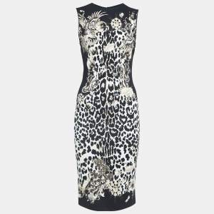 Pre Owned Roberto Cavalli Black Print Crepe Sleeveless Short Dress M