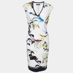 Pre Owned Roberto Cavalli White Floral Bird Print Crepe Sheath Dress M