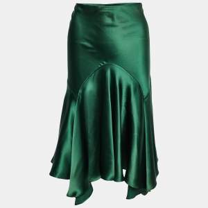Pre Owned Roberto Cavalli Green Silk Satin Asymmetric Hem Skirt M