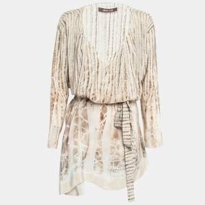 Pre Owned Roberto Cavalli Grey Sequin Print Silk Tie-Up Dress M