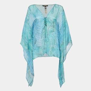 Pre Owned Roberto Cavalli Blue Snake Print Silk Lace-Up Neck Kaftan Top M