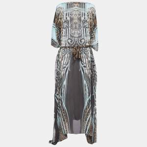 Pre Owned Roberto Cavalli Blue/Brown Printed Silk Waist Tie-Up Maxi Kaftan Dress S