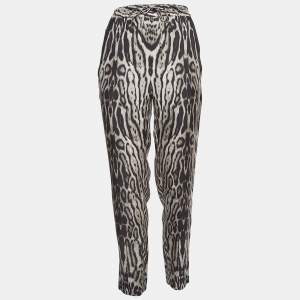 Roberto Cavalli Black Leopard Print Silk Drawstring Waist Trousers M