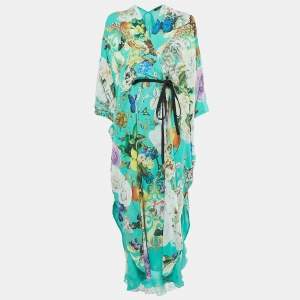 Pre Owned Roberto Cavalli Green Floral Print Silk Kaftan Wrap Dress S