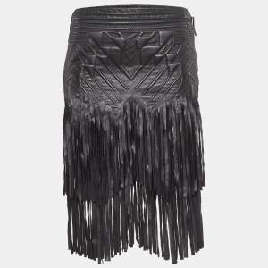 Pre Owned Roberto Cavalli Black Embossed Leather Fringed Skirt S
