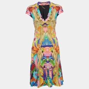 Pre Owned Roberto Cavalli Multicolor Print Jersey Cap Sleeve Midi Dress S