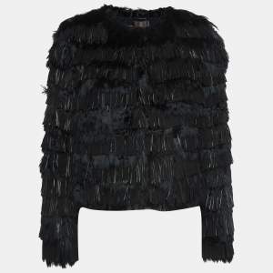 Roberto Cavalli Black Fur and Leather Fringe Long Sleeve Jacket M