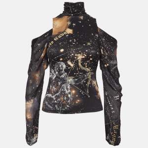 Pre Owned Roberto Cavalli Black Horoscope Print Silk Cold Shoulder Blouse S