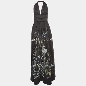 Pre Owned Roberto Cavalli Black Floral Print Cotton Halter Neck Gown M