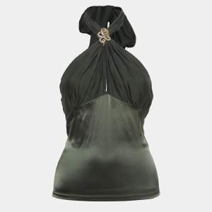 Pre Owned Roberto Cavalli Green Snake Jeweled Silk Cut-Out Halter Neck Top S