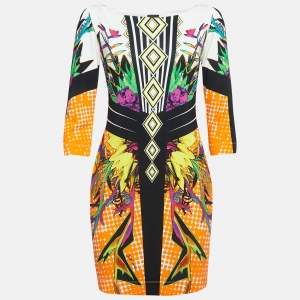 Pre Owned Roberto Cavalli Orange Printed Jersey Mini Dress L
