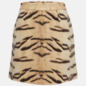 Roberto Cavalli Beige Tiger Print Fleece Wool Mini Skirt M