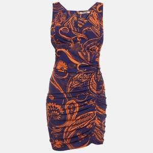 Pre Owned Roberto Cavalli Purple and Orange Printed Jersey Ruched Mini Dress M