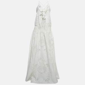Pre Owned Roberto Cavalli Off-White Semi Sheer Patterned Cotton Frill Detailed Maxi Dress M
