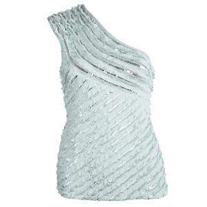 Pre Owned Roberto Cavalli Powder Blue Silk Ruffled Sequin Embellished One Shoulder Top S