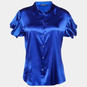 Pre Owned Roberto Cavalli Royal Blue Silk Satin Short Sleeve Shirt M