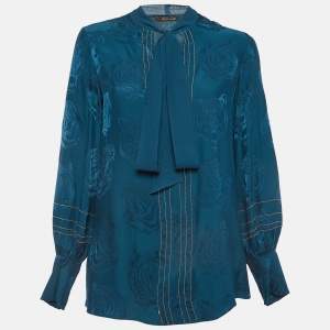 Pre Owned Roberto Cavalli Teal Blue Tiger Jacquard Embellished Blouse S