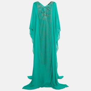 Pre Owned Roberto Cavalli Green Beads Embellished Silk Lace Up Maxi Kaftan M