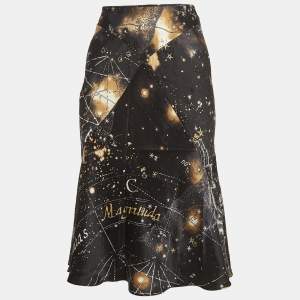 Roberto Cavalli Black Constellation Print Silk Flared Midi Skirt S