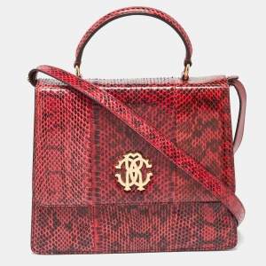 Roberto Cavalli Red Water Snakeskin Flap Top Handle Bag