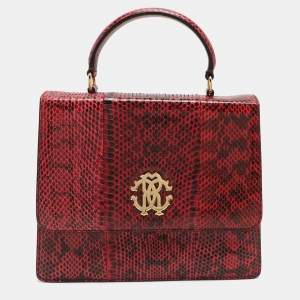 Roberto Cavalli Burgundy/Black Watersnake Top Handle Bag